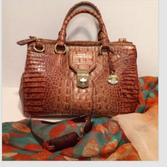 Vintage BRAHMIN ANNABELLE Melbourne Pecan Croc-Embossed Leather Zip-top Satchel - Picture 1 of 13